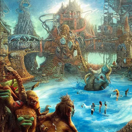 Prompt: monster - shaped waterpark painting by brain froud, charles vess, cinematic lighting, epic composition, highly detailed