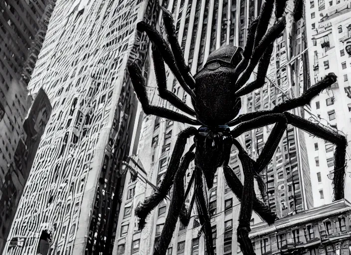 Prompt: photo of a giant spider creature attacking new york city, wide angel shot 50mm