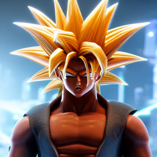 Image similar to Cyberpunk super saiyan Goku, unreal engine, octane render, intracite detail