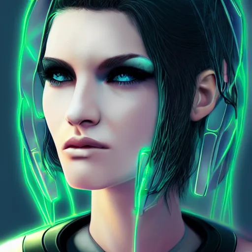 Image similar to headshot of cyberpunk woman wearing thick black choker around neck, detailed face, collar on neck, realistic, artstation, cyberpunk style, neon,