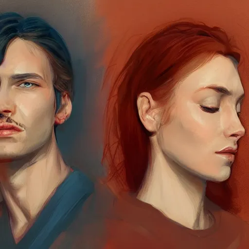 Image similar to Portrait of two people, sharing the same face, illustrated by Ivana Lena Besevic, trending on artstation, 4k, 8k