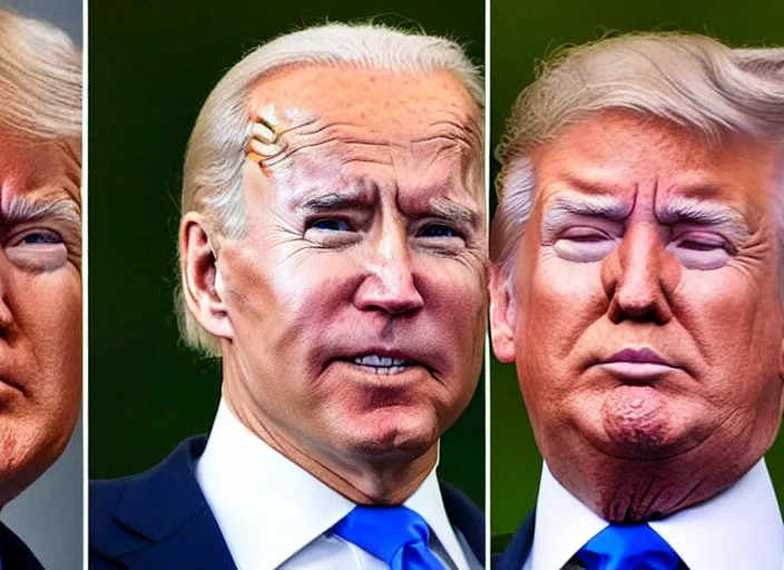 Prompt: a detailed photo of joe biden and donald trump kissing, putin laughing, 8 k