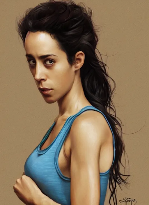 Image similar to full length photo of a sad Oona Chaplin in a tanktop in the style of stefan kostic, not realistic, sharp focus, 8k high definition, not detailed, intricate, elegant, art by stanley lau and artgerm