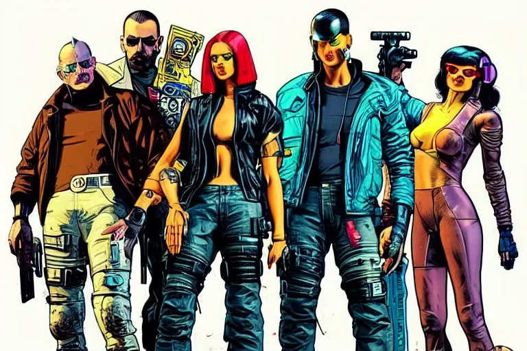 Image similar to cyberpunk heist crew. portrait by stonehouse and mœbius and will eisner and gil elvgren and pixar. character design. realistic proportions. dystopian. cyberpunk 2 0 7 7 character art, blade runner 2 0 4 9 concept art. cel shading. attractive face. thick lines. the team. diverse characters.