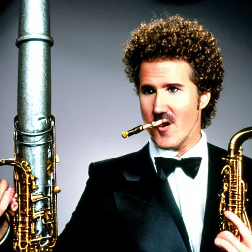 Prompt: will farrell wearing piano key necktie, 1 9 8 0 s, saxophone,