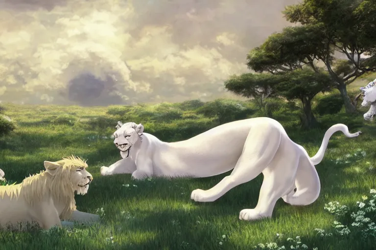 Prompt: a vast scene, panorama distant view, hyper detailed scene render of a boy and white lion, gather in the center of the picture, finely detailed perfect face delicate features directed gaze, in the white clouds fairyland, golden curve structure, animation portrait concept art, trending on pixiv fanbox, violet evergarden, studio ghibli, james jean, extremely high quality artwork