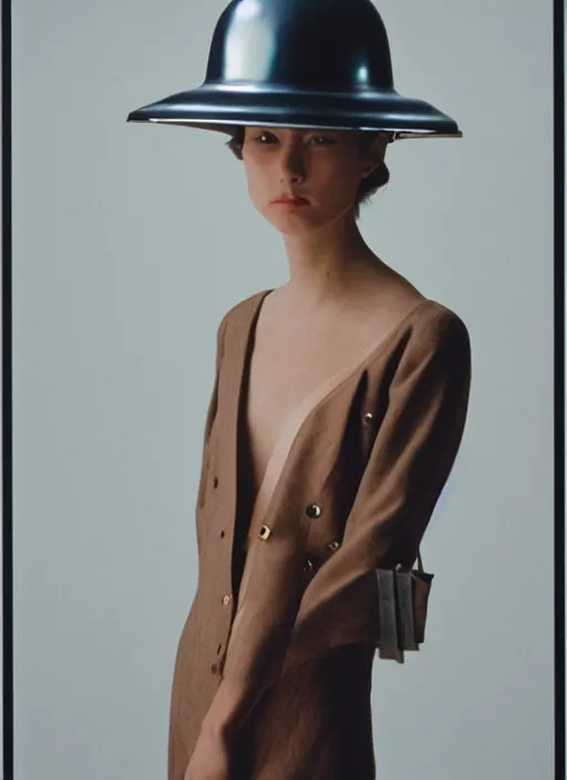 Prompt: a fashion portrait photograph of a woman wearing a helmet designed by tadao ando, 3 5 mm, color film camera,