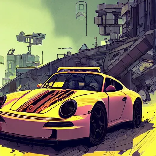 Image similar to Porsche designed by Aplle that looks like it is from Borderlands and by Feng Zhu and Loish and Laurie Greasley, Victo Ngai, Andreas Rocha, John Harris