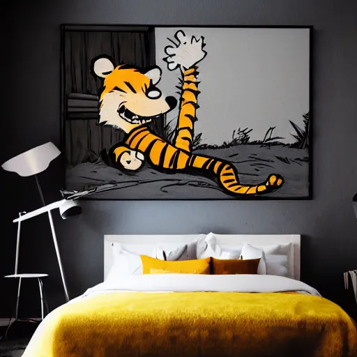 Image similar to calvin and hobbes, calvin as an adult, modern bedroom, nostalgia, high definition ultra realistic quality