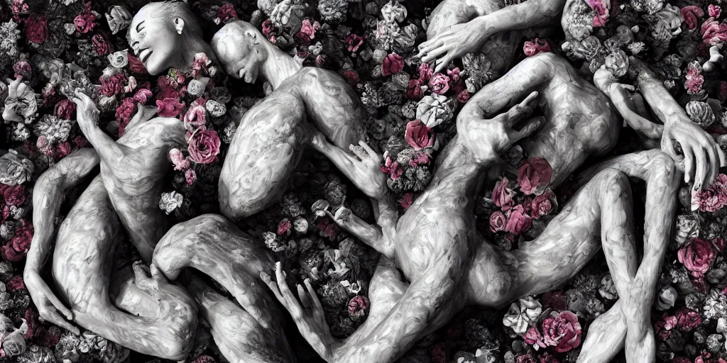 Image similar to surrealist sculpture human bodies intertwined, a lovely cornucopia of flowers and human body parts, body parts, paint pour, swirling paint colors, black and white photography, desaturated, highly detailed, octane render, cinematic