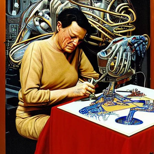 Image similar to robot artist artist painting a self portrait, by clyde caldwell, james c. christensen, h. r. giger, george tooker