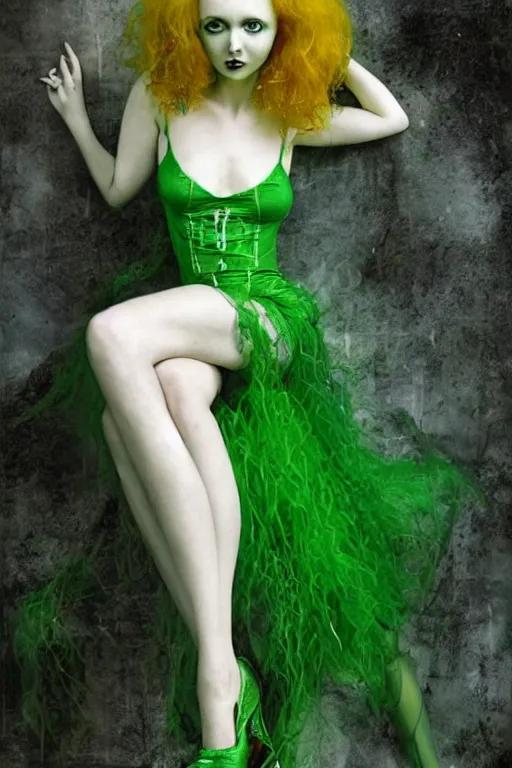 Image similar to full body portrait of lily cole as delirium from sandman, wearing a green dress and fishnet stockings by luis royo