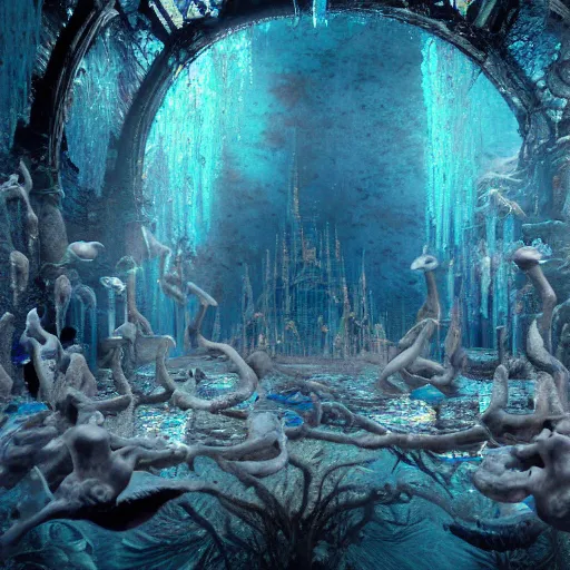 Image similar to an intricate photograph of an underwater cathedral at the bottom of the ocean surrounded by mermaids by david lachapelle, dark and scary abyssal ambient, photorealistic, octane render, unreal engine, 4 k, smooth lighting, subaquatic photography,