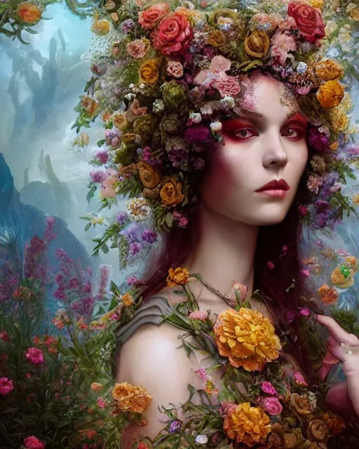 Image similar to portrait of the ukrainian queen of the underworld, surrounded by flowers by karol bak, james jean, tom bagshaw, rococo, sharp focus, trending on artstation, cinematic lighting, hyper realism, octane render, 8 k, hyper detailed.