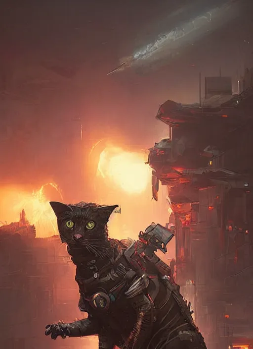 Image similar to a futuristic cyberpunk cat soldier in war scene, epic scene, big explosion, by greg rutkowski