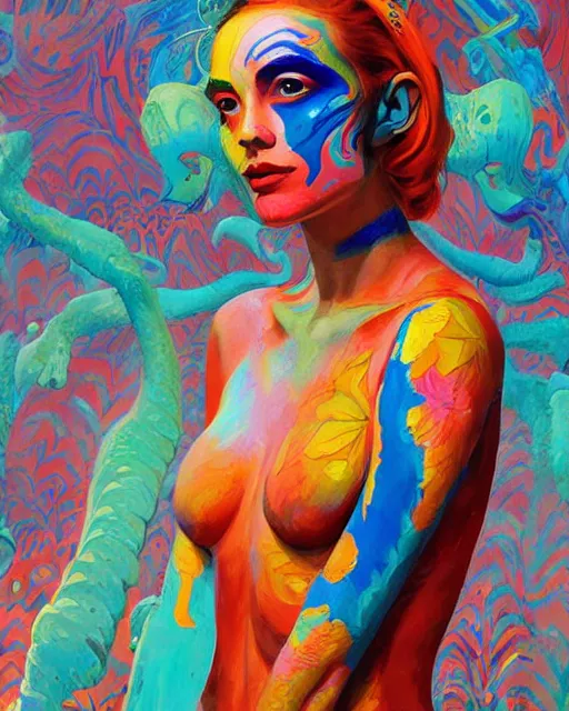 Image similar to a beautiful girl wearing colourful face paint surrounded by bright intricate patterns, painted by edward hopper, wayne barlowe, painted by james gilleard, airbrush, art by jamesjean