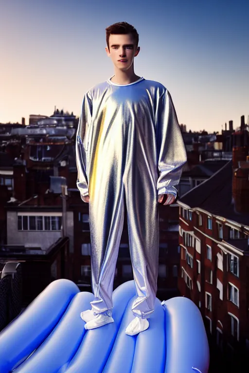 Image similar to un ultra high definition studio quality photographic art portrait of a young man standing on the rooftop of a british apartment building wearing soft baggy inflatable padded silver iridescent pearlescent clothing. three point light. extremely detailed. golden ratio, ray tracing, volumetric light, shallow depth of field. set dressed.