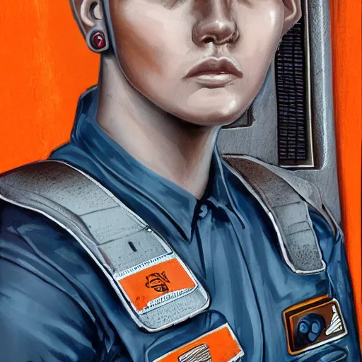 Image similar to character concept art of heroic stoic emotionless butch blond handsome woman space explorer with detailed tribal chin tattoos, dirty and injured, very short slicked - back butch hair, narrow eyes, wearing atompunk jumpsuit, orange safety vest, retrofuture, highly detailed, science fiction, illustration, oil painting, realistic, lifelike, pulp sci fi, cinematic