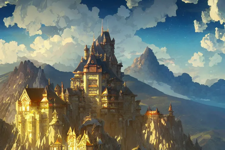 Image similar to retro - futurism anime castle on a mountain in clouds with lots of details look from above rule of thirds golden ratio, fake detail, trending pixiv fanbox, acrylic palette knife, art by artgerm and greg rutkowski and alphonse mucha, smooth, sharp focus, cinematic lightning