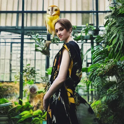 Prompt: head to shoulder portrait photograph of an elegant top model wearing a yellow kimono with a very detailed barn owl on her shoulder!!! in a tropical greenhouse. looking at the camera!!. super resolution. Graflex. bokeh. by Alessio albi and john william waterhouse and John Singer Sargent