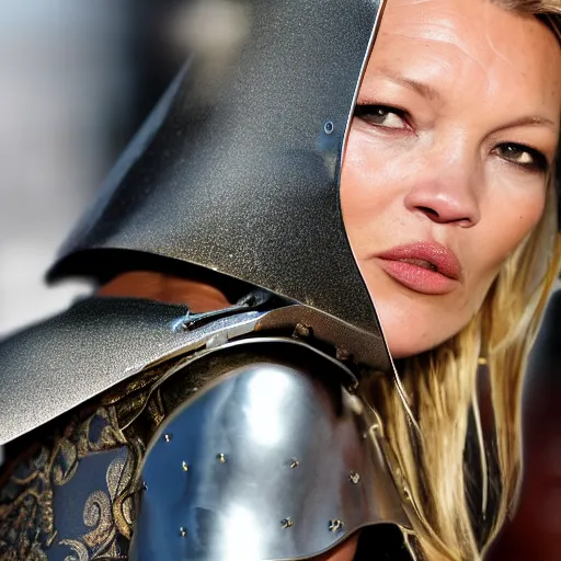 Image similar to kate moss dressed up as a knight in shining armour, hyper realistic, reflections, shadows, photo realistic, 8k