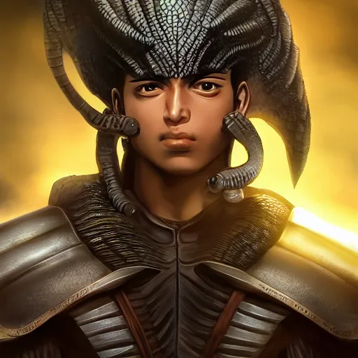 Prompt: anime of young hispanic man with facial stubble, brown eyes, full body, reptile armor by akira toriyama hyper realistic, dark fantasy detailed, high definition insanely detailed, bitter wide angle lens dark lighting, moody lighting