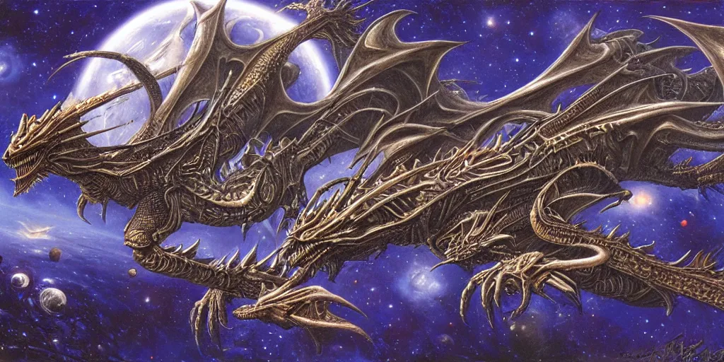 Prompt: an alien dragon flying in outer space, Dan Seagrave art