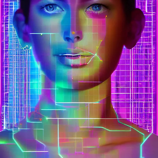 Image similar to portrait of a woman inspired by data - driven art, generative, iridescent, self - confidence, electrons, coding, holographic, lightening