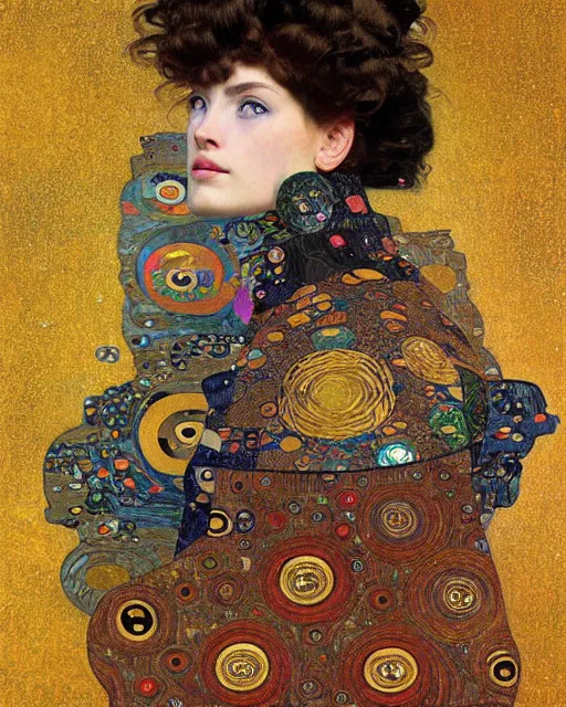 Image similar to jacket cat portrait an oil painting splashes with many colors and shapes by gustav klimt greg rutkowski and alphonse mucha, polycount, generative art, psychedelic, fractalism, glitch art
