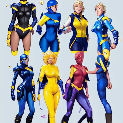 Image similar to character sheet of power girl wearing blue full bodysuit, yellow Jacket, blue backpack and yellow boots by Stanley Artgerm Lau, WLOP, Rossdraws, James Jean, Andrei Riabovitchev, Marc Simonetti, Yoshitaka Amano, ArtStation, CGSociety