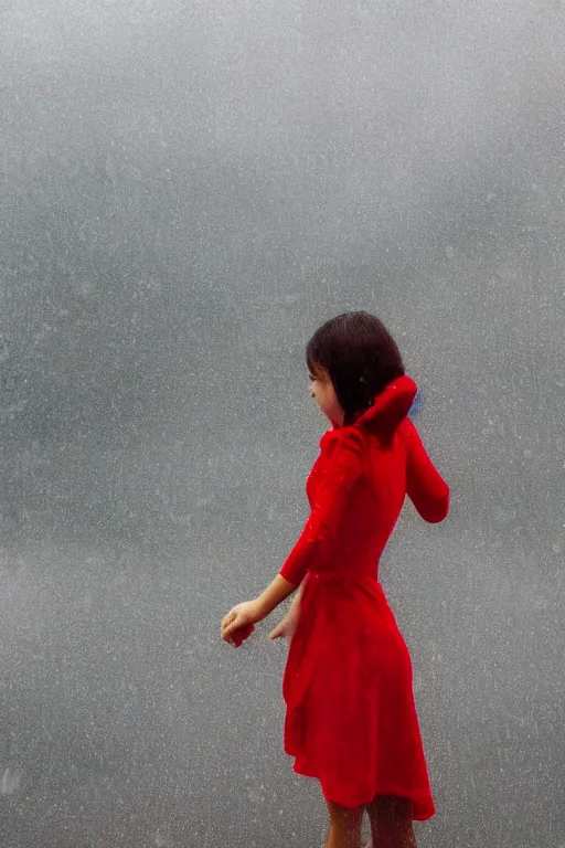 Image similar to a girl in a red dress crying in the middle of a city while its raining