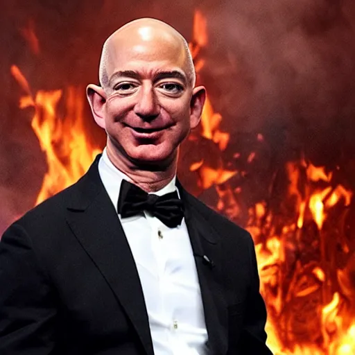 Image similar to Jeff Bezos as villain. Emperor, evil grin. Fire in the background. Detailed face. Red eyes.