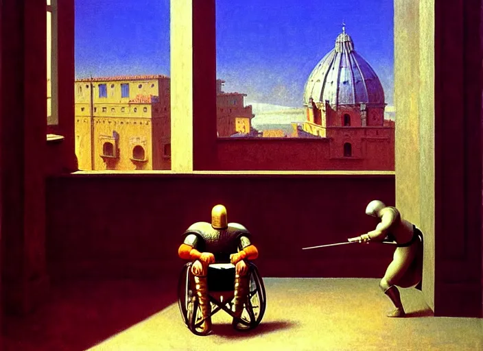 Image similar to knight in armor in a wheelchair do tricks & watch old tv, rome, highly detailed, soft lighting, elegant, by edward hopper and james gillard, zdislaw beksinski, stephen outram, andreas m wiese, carl spitzweg, highly detailed, masterpiece, unreal 6, 8 k