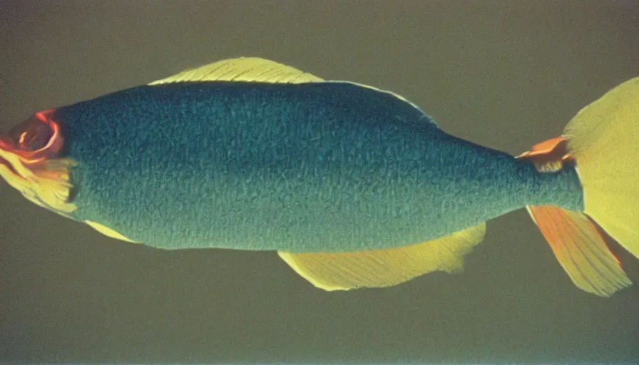 Image similar to 7 0 s movie still of a fish with men leg, cinestill 8 0 0 t 3 5 mm technicolor, heavy grain, high quality, high detail