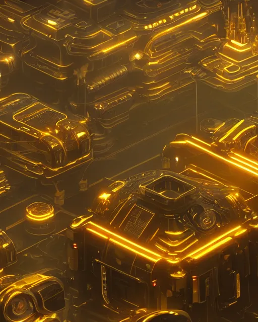 Image similar to cult of technology, exterior of scifi temple, machines, robots, ultra realistic, golden computers, highly detailed, atmosphere, masterpiece, epic lighting, glowing wires, transparent objects, mysterious, highlighted, 4 k, cinematic, art by patryk olkiewicz and chris ostrowski and liang yao