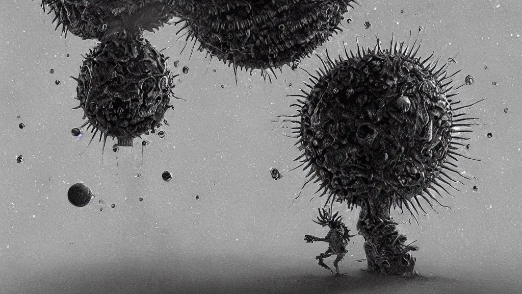 Image similar to a beautiful microscopic scientific photo of a coronavirus and a strange life form seen through an electron microscope, dark, sinister, detailed, art by Greg Rutkowski