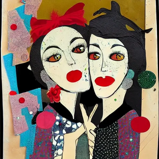 Image similar to two women kissing at a carnival, mixed media collage, retro, paper collage, magazine collage, acrylic paint splatters, bauhaus, claymation, layered paper art, sapphic visual poetry expressing the utmost of desires by junji ito