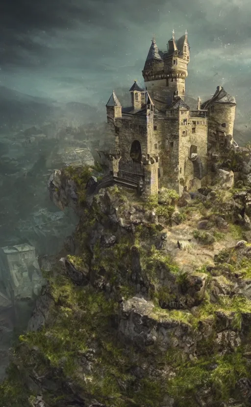 Image similar to a abandoned castle on the edge of a high cliff, 8 k, shallow depth of field, intricate detail, concept art,