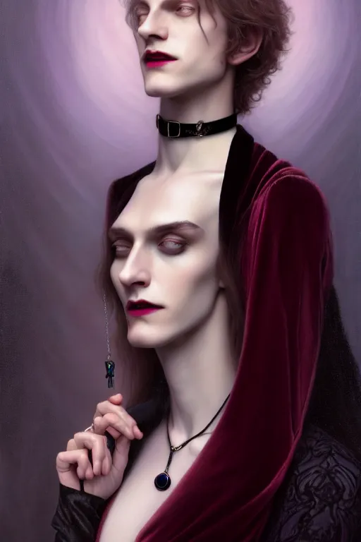 Image similar to a beautiful feminine androgynous man, long hair, tall and thin, vampire, dressed in velvet, fully dressed, wearing several pendants and a choker, illustration, dramatic lighting, soft details, painting oil on canvas, art nouveau, octane render, hdr, 4 k, 8 k, hd, by edmund blair leighton, brom, charlie bowater, faces by otto schmidt