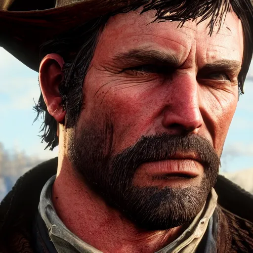 Prompt: a gunslinger with a long scar across the left side of his face, from red dead redemption 2, dramatic light, highly detailed