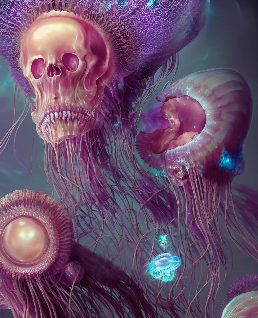 Image similar to goddess close - up portrait human skeleton, ram skull, jellyfish, orchid, betta fish, bioluminiscent, intricate artwork by tooth wu and wlop and beeple. octane render, trending on artstation, greg rutkowski very coherent symmetrical artwork. cinematic, hyper realism, high detail, octane render, 8 k