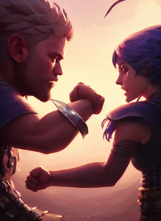 Prompt: highly detailed portrait of fist bump in front of swords, lightning in background, video game cover art,, unreal engine, fantasy art by greg rutkowski, loish, rhads, makoto shinkai and lois van baarle, ilya kuvshinov, rossdraws, tom bagshaw, global illumination, radiant light, detailed and intricate environment