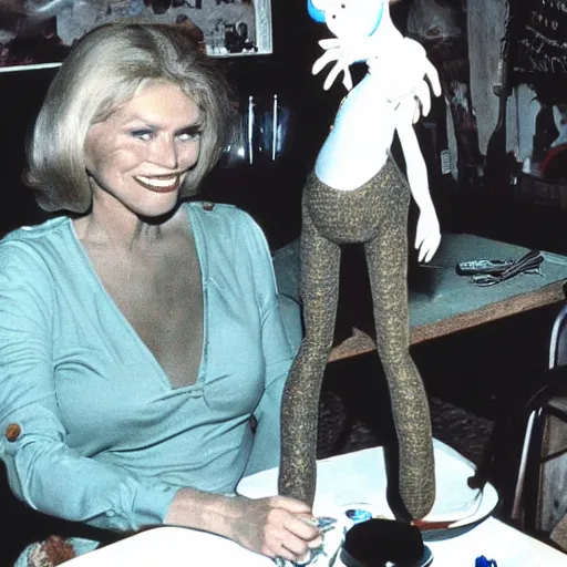 Prompt: archival photo of a woma and , a puppet that looks like Caspar the Friendly Ghost, in a sidewalk cafe, 16mm film soft color, earth tones and some primary colors 1976, archival footage, in style of doris wishman russ meyer, woman looks like lauren hutton