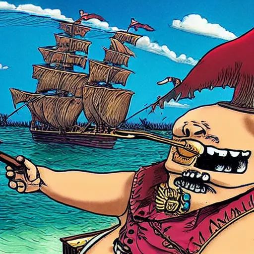 Image similar to a grinning manatee pirate smoking a cigar at the helm of a pirate ship, in the style of eiichiro oda