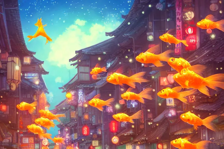 Prompt: fantasy art of glowing shimmering goldfish swimming in the air, in the streets of a japanese town at night, with children outside watching in wonder, in the style of studio ghibli and makoto shinkai, highly detailed digital art, trending on artstation