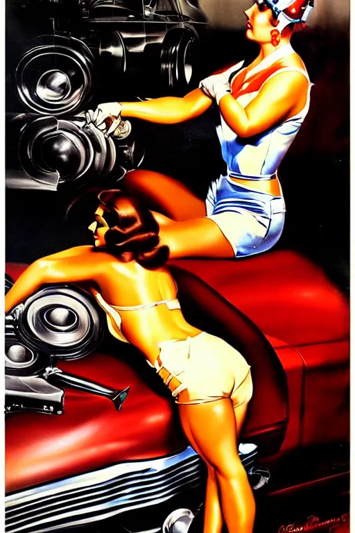 Image similar to muscular mechanic fixing a car engine painting by rolf armstrong, cool colors,