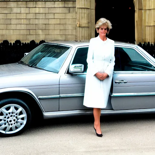 Prompt: selfie of princess Diana next to silver Mercedes-Benz W140, photograph, image, 4k HDR, trending on artstation,