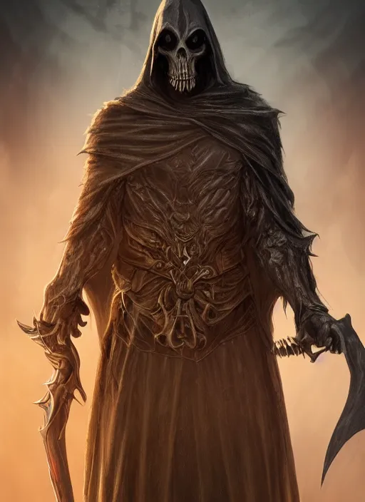 Image similar to grim reaper, ultra detailed fantasy, elden ring, realistic, dnd character portrait, full body, dnd, rpg, lotr game design fanart by concept art, behance hd, artstation, deviantart, global illumination radiating a glowing aura global illumination ray tracing hdr render in unreal engine 5