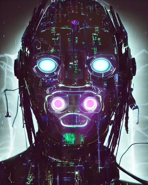 Image similar to photo of soulful female as a cyberpunk mecha humanoid robotic head and face parts with bright led lights, small light emitting cables over face, under a shower, wet skin with water dripping down face, ultra - realistic and detailed, long exposure 8 k