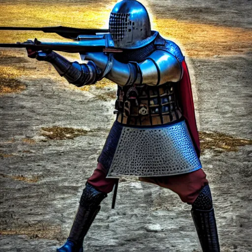 Prompt: a medieval knight in full armor, shooting an ak - 4 7. 4 k, hdr.